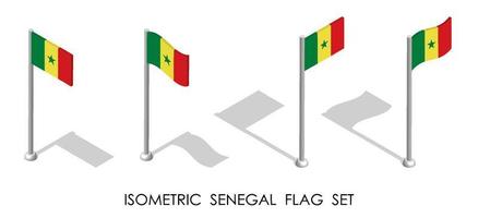 drapeau isométrique de la république du sénégal en position statique et en mouvement sur le mât. vecteur 3D