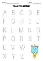 apprendre l'alphabet. tracer des lettres. jolie glace à la licorne. vecteur