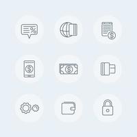 méthodes de paiement icônes de ligne mince, paiement électronique, carte de crédit, portefeuille, paiement mobile, icônes de trésorerie, illustration vectorielle vecteur
