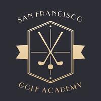 logo de l'académie de golf, emblème avec clubs, or sur dark vecteur