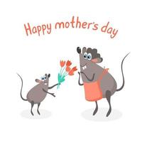 Bonne fête des mères. carte de voeux avec un petit rat donnant des fleurs de tulipes à sa maman. lettrage et illustration dessinés à la main vecteur