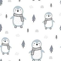 motif de Noël sans couture avec des pingouins sur fond blanc. conception dessinée à la main en style cartoon. utilisé pour la décoration célébration papier peint tissu textile vector illustration