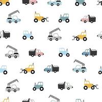 ensemble de vecteur de modèle sans couture bébé véhicules de construction dessinés à la main avec tracteur et camion sur fond blanc design mignon, style cartoon. utilisé pour l'impression, papier peint décoratif