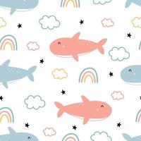 Requin de fond d'animaux de dessin animé de modèle sans couture de bébé avec les nuages et l'arc-en-ciel. design dessiné à la main dans un style cartoon utilisé pour les impressions, les papiers peints, les textiles, les illustrations vectorielles. vecteur