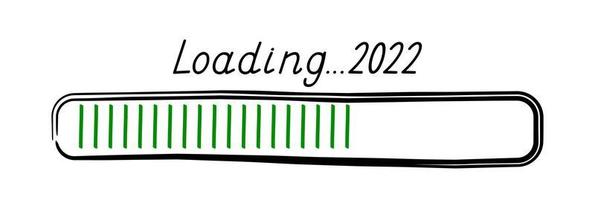 Signe de barre de chargement du nouvel an 2022 dessiné dans un style doodle. vacances d'hiver à venir, vecteur de bouton de barre de charge de fin d'année pour la conception graphique