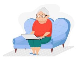 grand-mère est assise sur un canapé avec un ordinateur portable. femme âgée de dessin animé mignon surfe sur internet. vecteur