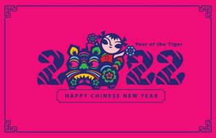 nouvel an chinois 2022. papier découpé art du symbole du tigre et enfant tenant une boule de fleurs sur fond rose oriental. vecteur