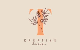 Création de logo de lettre t ombre orange avec branche de feuilles illustration vectorielle. vecteur