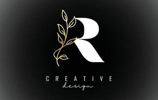 création de logo de lettre r blanche avec illustration vectorielle de branche de feuilles d'or. vecteur