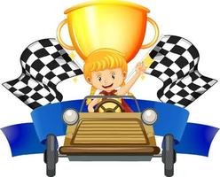 coureur de voiture fille sur trophée et drapeau de course vecteur