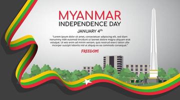 fond de la fête de l'indépendance du myanmar avec le monument de l'indépendance et le drapeau du ruban vecteur