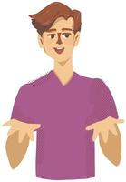 jeune personnage masculin adolescent tenant les mains ouvertes devant lui. dessin animé de style. tee-shirt violet. vecteur