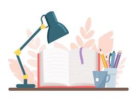 illustration vectorielle d'un livre ouvert, d'une lampe, de crayons avec des stylos et d'une tasse de thé. concept d'apprentissage et de lecture vecteur