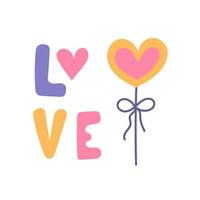 bonbons en forme de coeur sur bâton, inscription d'amour, illustration vectorielle à plat vecteur