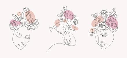 ensemble d'images vectorielles de visages de femmes, illustrations d'art en ligne de corps, logos avec fleurs et feuilles, concept de nature féminine. utiliser pour les impressions, les tatouages, les affiches, le textile, les logotypes, les cartes, etc. vecteur