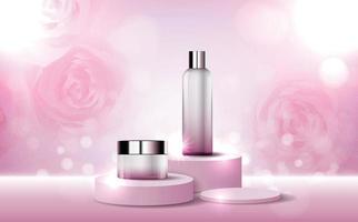 crème hydratante à la rose pour le visage en vente annuelle ou en festival. bouteille de masque crème argent rouge isolée sur fond de particules de paillettes pour la présentation du produit. annonces cosmétiques gracieuses, illustration vectorielle vecteur