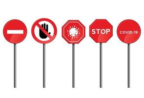 arrêtez le panneau routier avec un grand symbole de main ou une icône pour les activités interdites. illustration vectorielle. vecteur