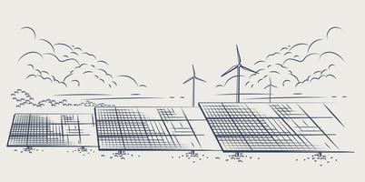des panneaux solaires et des éoliennes ou des sources d'énergie alternatives. approvisionnement énergétique écologique durable. conception d'illustration vectorielle. vecteur