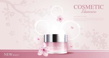 crème hydratante pour le visage au sakura pour la vente annuelle ou la vente de festival. bouteille de masque crème rose isolée sur fond de particules de paillettes pour la présentation du produit. annonces cosmétiques gracieuses, illustration vectorielle vecteur