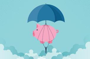 tirelire avec concept parapluie soulevant un homme d'affaires jusqu'au succès pour la gestion et l'investissement. conception de bande dessinée. vecteur