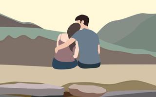 illustration de caractère d'un couple en pose assise de l'arrière avec un beau fond de montagne et de pierre, illustration vectorielle de couple heureux. vecteur