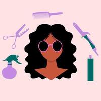 femmes hispaniques latino-américaines. il y a des outils de coiffure laque, ciseaux, peigne, fer à friser autour de sa tête. fond rose. illustration plate. salon de beauté, concept de coiffeur. vecteur