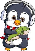 le pingouin mignon est heureux et tient un poisson vecteur
