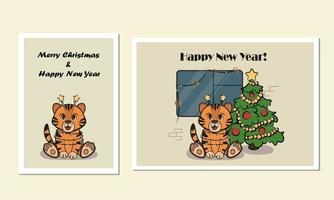 bonne année 2022 joyeux noël tigre mignon pack de cartes avec le symbole de l'année 2022 vecteur