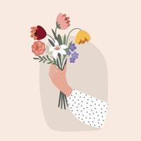 la main de la femme tient un bouquet de fleurs printanier, pour la journée internationale de la femme. vecteur