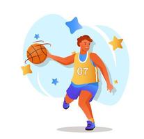 concept de personnage plat de joueur de basket-ball pour la conception web. l'homme en uniforme de sport court avec ballon, entraînement, championnat, scène des gens modernes. illustration vectorielle pour le matériel promotionnel des médias sociaux. vecteur