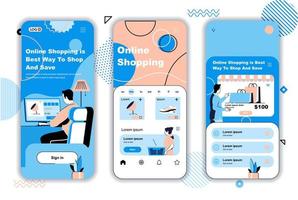 Écrans d'intégration du concept d'achat en ligne pour les modèles d'applications mobiles. les acheteurs choisissent les produits et paient leurs achats. kit d'interface utilisateur ui, ux, gui avec des scènes de personnes pour la conception Web. illustration vectorielle vecteur