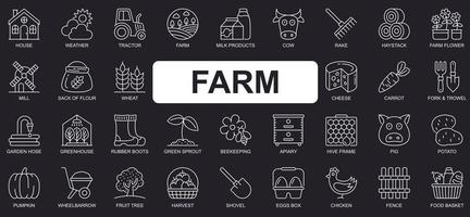 jeu d'icônes de ligne simple concept de ferme. paquet de maison, tracteur, produits laitiers, vache, fromage, carotte, jardin, serre, apiculture et autres. symboles de contour de pack vectoriel pour la conception de sites Web ou d'applications mobiles