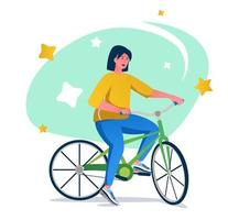femme à vélo concept de caractère plat pour la conception web. jeune fille fait du vélo, transport écologique en ville, scène d'activité saine des gens modernes. illustration vectorielle pour le matériel promotionnel des médias sociaux.