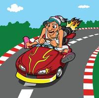 illustration d'un homme saluant joyeusement sa voiture de course vecteur