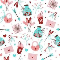 modèle vectoriel continu d'éléments romantiques mignons. fond de vacances dessiné à la main. symboles d'amour - coeur, fleurs, ballons, cadeau, bonbons. style cartoon plat, doodle coloré. concept pour la Saint-Valentin.