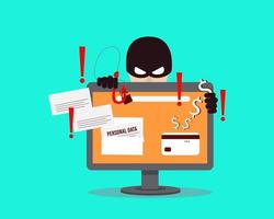 un pirate informatique qui vole de l'argent et des données personnelles sur Internet. cybercriminalité avec piratage de mot de passe. le concept de phishing, d'attaques de pirates informatiques, de fraude en ligne et de protection Web. illustration vectorielle. vecteur