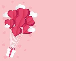 illustration de la boîte-cadeau avec ballon coeur flottant dans le ciel sur fond rose. bannière de la Saint-Valentin heureuse. style artistique en papier découpé. vecteur