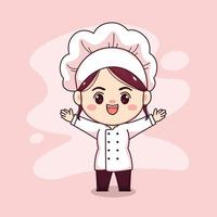 chef féminin mignon et kawaii avec les mains en l'air dessin animé manga chibi vector character design