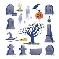 cimetière, pierre tombale, halloween, icône, ensemble vecteur