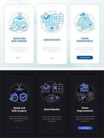 Écran de page d'application mobile d'intégration blanche et noire pour les pros de l'opération oculaire. Procédure pas à pas en 3 étapes avec des instructions graphiques avec des concepts. modèle vectoriel ui, ux, gui avec illustrations linéaires en mode jour et nuit