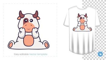 personnage de vache mignon. impressions sur t-shirts, sweat-shirts, étuis pour téléphones portables, souvenirs. illustration vectorielle isolée sur fond blanc. vecteur