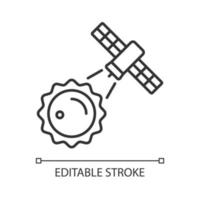 icône linéaire de processus d'observation du soleil. recherche en science héliophysique par satellite artificiel. illustration personnalisable de fine ligne. symbole de contour. dessin de contour isolé de vecteur. trait modifiable vecteur