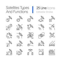 ensemble d'icônes linéaires de types de satellites. observation des corps célestes, performance d'exploration. symboles de contour de ligne mince personnalisables. illustrations de contour de vecteur isolé. trait modifiable