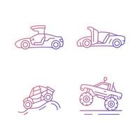 conduite de véhicules spécialement modifiés ensemble d'icônes vectorielles linéaires en dégradé. mécanisme de charnière. courses hors route. camion monstre. paquet de symboles de contour de ligne mince. collection d'illustrations de contour isolé vecteur