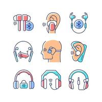 ensemble d'icônes de couleur rvb écouteurs. casque professionnel pour le mastering musical. écouteurs pour le sport. appareil filaire et sans fil. illustrations vectorielles isolées. collection de dessins au trait remplis simples vecteur