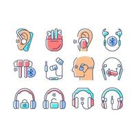 différents types d'icônes de couleur rvb casque définies. dans les oreillettes. sur le casque d'oreille. écouteurs pour écouter de la musique et des appels. illustrations vectorielles isolées. collection de dessins au trait remplis simples vecteur