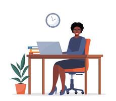 Bureau ouvrier africain américain femme dans une costume travail sur une portable ordinateur à sa Bureau bureau. plat style illustration. vecteur