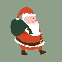 personnage de dessin animé le père noël en costume rouge porte un sac avec des cadeaux sur fond vert. bonne année ou joyeux noël. illustration de plat de vecteur