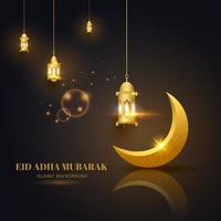 eid adha mubarak carte de voeux or noir avec croissant et lanterne design islamique vecteur