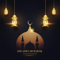 eid adha mubarak fond noir or avec mosquée et lanterne design islamique vecteur